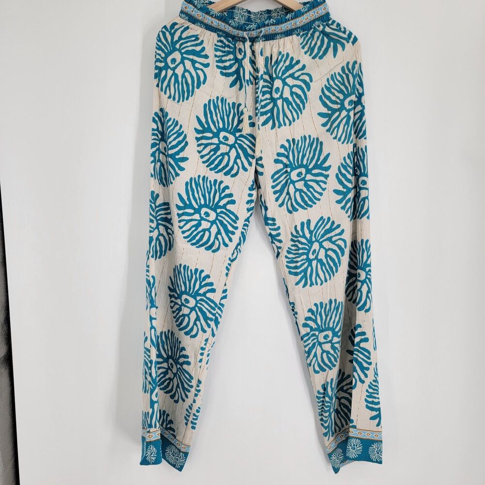 Paradise USA Womens S Blue Ivory Tropical Boho Resort Beach Pants Drawstring